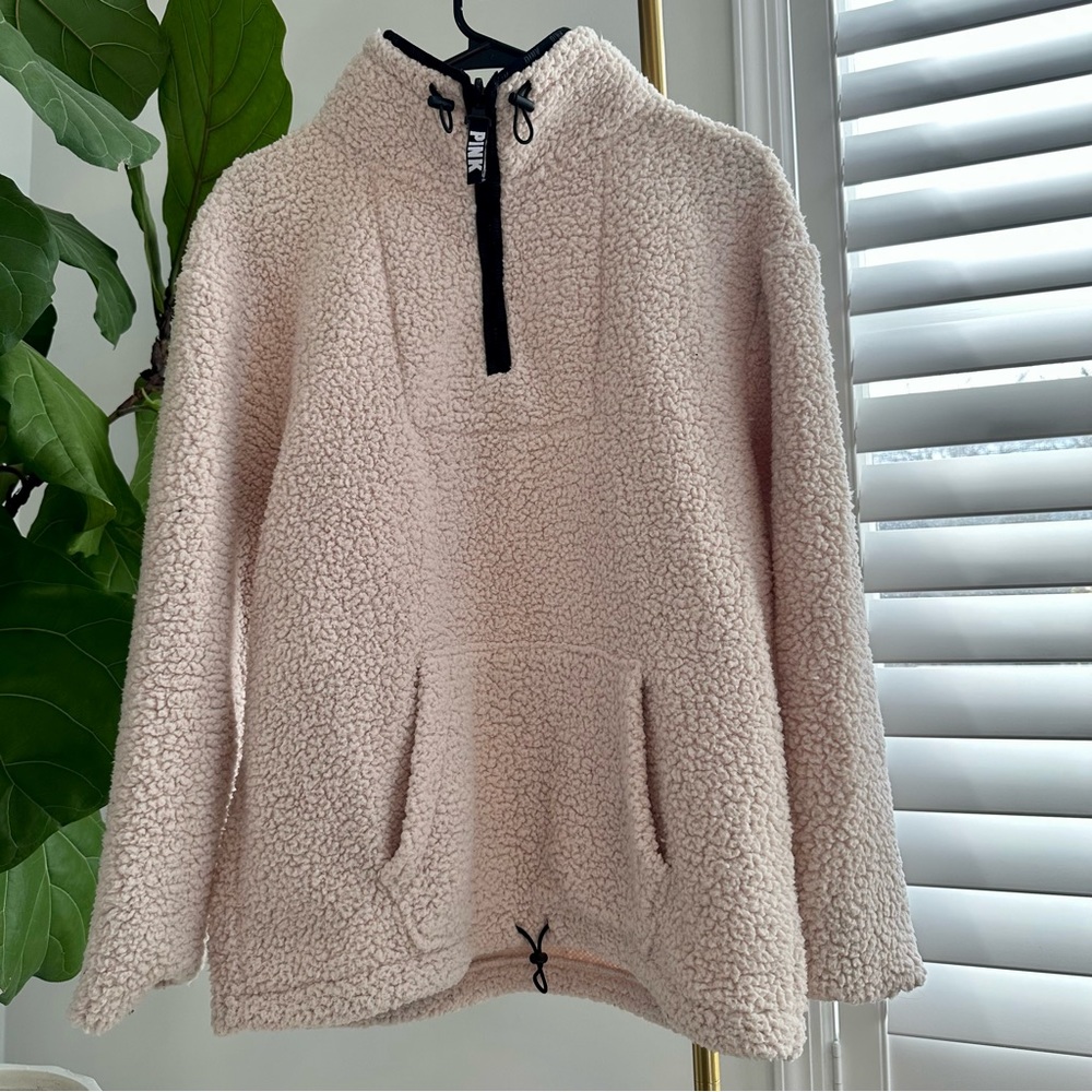 Victoria’s Secret PINK Sherpa Fleece 1/4 Zip Pullover Jacket Size Small Cream